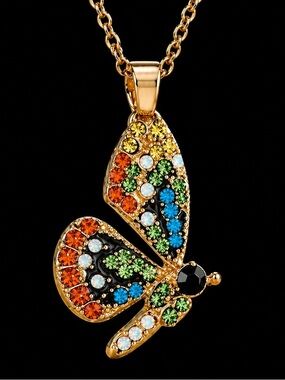 “Evelina Tealand” Rainbow Technicolor Gem Encrusted Monarch Butterfly Necklace